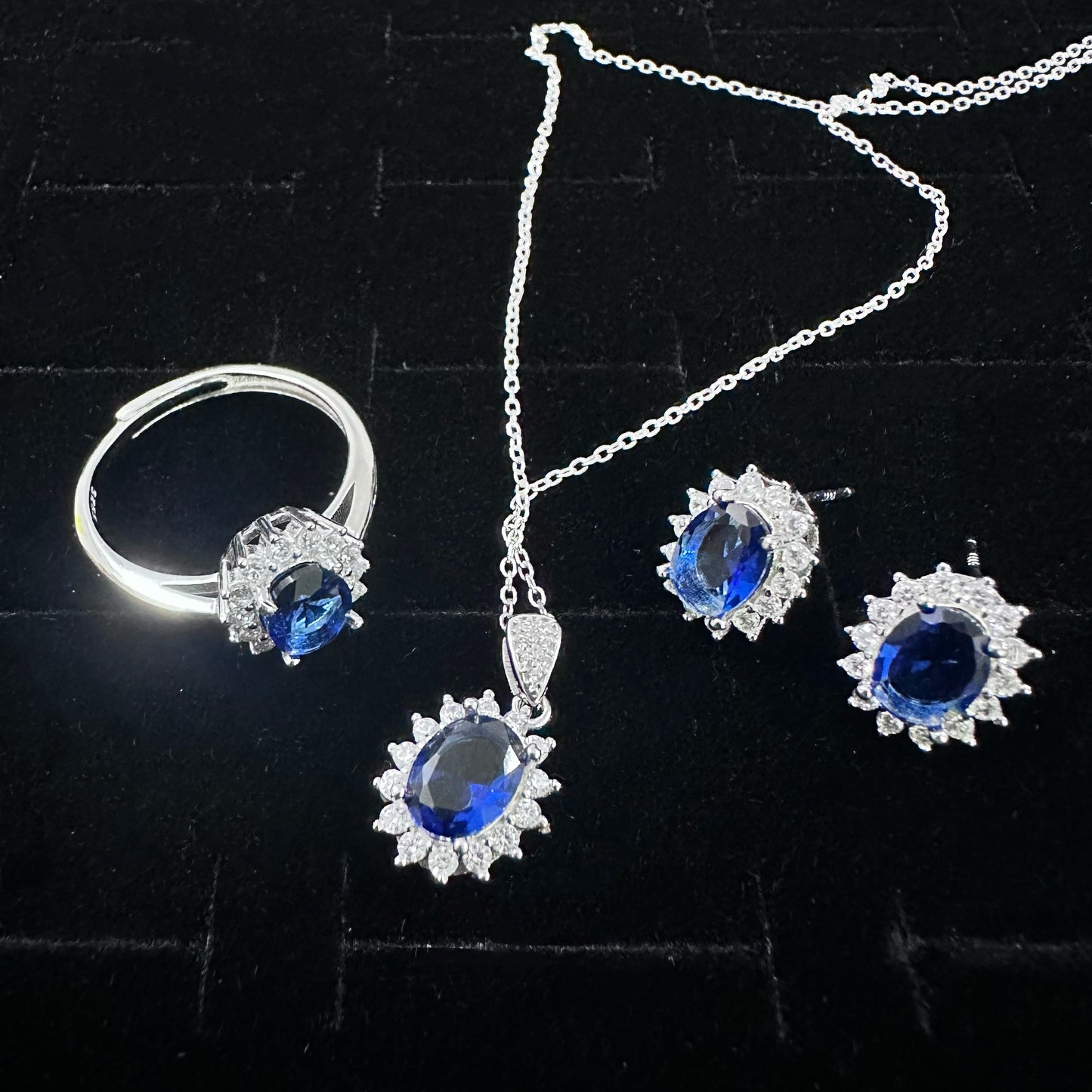 925 Silver Colored Stone Set Necklace Ring Earrings