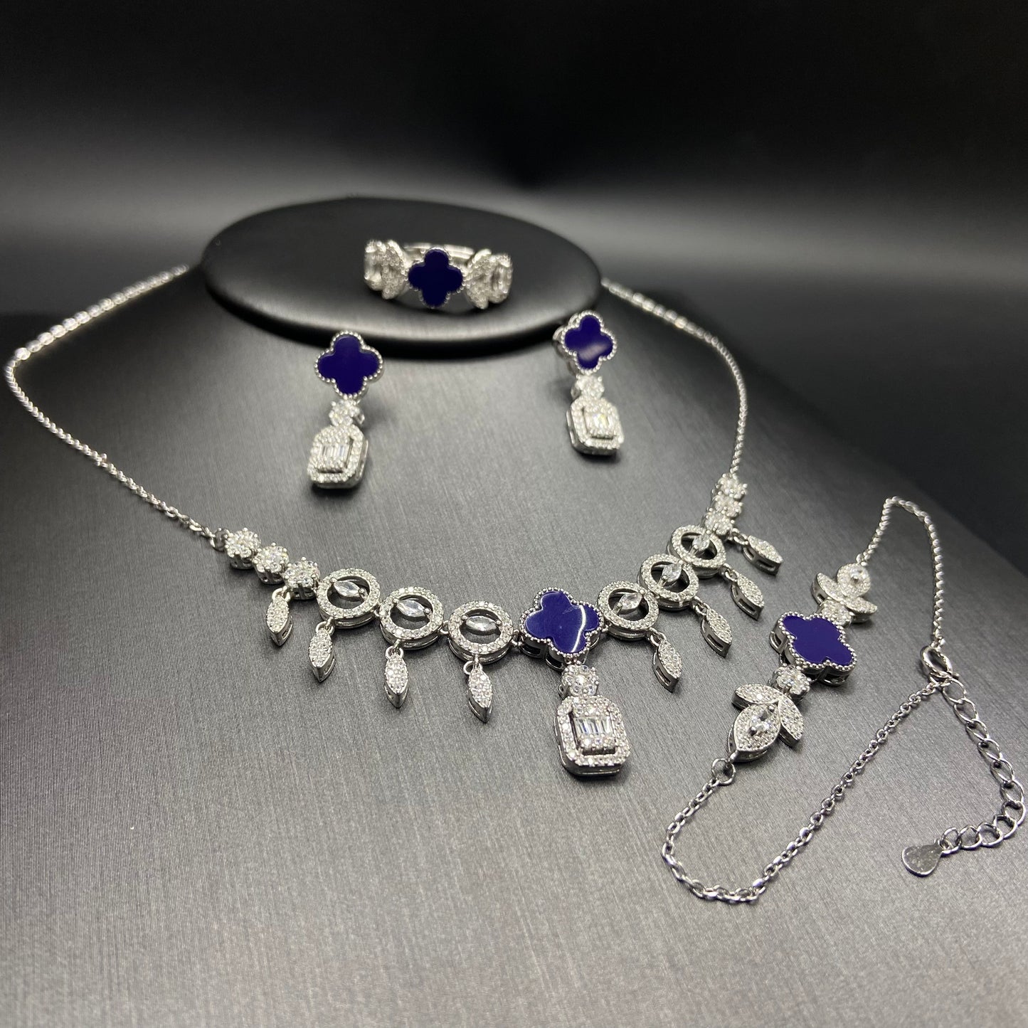 S925 Silver Deep Blue Clover Set of 4